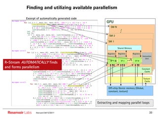 Finding and utilizing available parallelism

           Excerpt of automatically generated code
                                                           GPU
                                                               SM N


                                                             SM 2

                                                            SM 1

                                                                        Shared Memory

                                                            Registers   Registers       Registers
                                                                                                    Instruction


R-Stream AUTOMATICALLY finds
                                                               SP 1        SP 2     …     SP M
                                                                                                        Unit



and forms parallelism                                                                               Constant
                                                                                                      Cache


                                                                                                     Texture
                                                                                                      Cache


                                                             Off-chip Device memory (Global,
                                                             constant, texture)



                                                     Extracting and mapping parallel loops

 Reservoir Labs   Harvard 04/12/2011                                                                        33
 