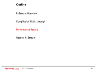 Outline


        •• R-Stream Overview

        •• Compilation Walk-through

        •• Performance Results

        •• Getting R-Stream




Reservoir Labs   Harvard 04/12/2011   40
 
