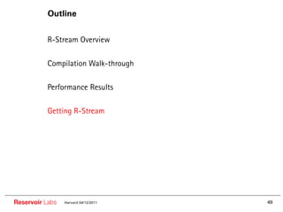 Outline


        •• R-Stream Overview

        •• Compilation Walk-through

        •• Performance Results

        •• Getting R-Stream




Reservoir Labs   Harvard 04/12/2011   49
 