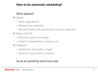 How to do automatic scheduling?


        •• Naïve approach
        • Model
          – Tasks, dependences
          – Resource use, latencies
          – Machine model with connectivity, resource capacities
        • Solve with ILP
          – Minimize overall task length
          – Subject to dependences, resource use
        • Problems
          – Complexity: task graph is huge!
          – Dynamics: loop lengths unknown.

        •• So we do something much more cool.

Reservoir Labs   Harvard 04/12/2011                                5
 