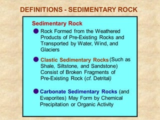 DEFINITIONS - SEDIMENTARY ROCK
Sedimentary Rock
Clastic Sedimentary Rocks(Such as
Shale, Siltstone, and Sandstone)
Consist of Broken Fragments of
Pre-Existing Rock (cf. Detrital)
Carbonate Sedimentary Rocks (and
Evaporites) May Form by Chemical
Precipitation or Organic Activity
Rock Formed from the Weathered
Products of Pre-Existing Rocks and
Transported by Water, Wind, and
Glaciers
 