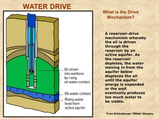 A reservoir-drive
mechanism whereby
the oil is driven
through the
reservoir by an
active aquifer. As
the reservoir
depletes, the water
moving in from the
aquifer below
displaces the oil
until the aquifer
energy is expended
or the well
eventually produces
too much water to
be viable.
WATER DRIVE
From Schlumberger Oilfield Glossary
What is the Drive
Mechanism?
 