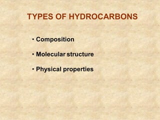 TYPES OF HYDROCARBONS
• Composition
• Molecular structure
• Physical properties
 