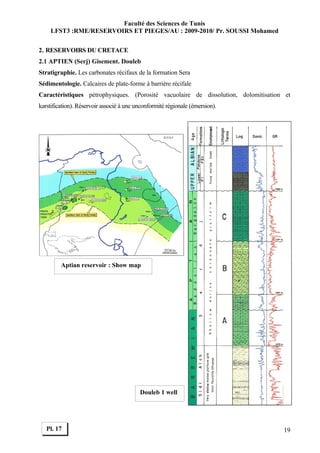 Faculté des Sciences de Tunis
     LFST3 :RME/RESERVOIRS ET PIEGES/AU : 2009-2010/ Pr. SOUSSI Mohamed


2. RESERVOIRS DU CRETACE
2.1 APTIEN (Serj) Gisement. Douleb
Stratigraphie. Les carbonates récifaux de la formation Sera
Sédimentologie. Calcaires de plate-forme à barrière récifale
Caractéristiques pétrophysiques. (Porosité vacuolaire de dissolution, dolomitisation et
karstification). Réservoir associé à une unconformité régionale (émersion).




         Aptian reservoir : Show map




                                          Douleb 1 well




   Pl. 17                                                                           19
 
