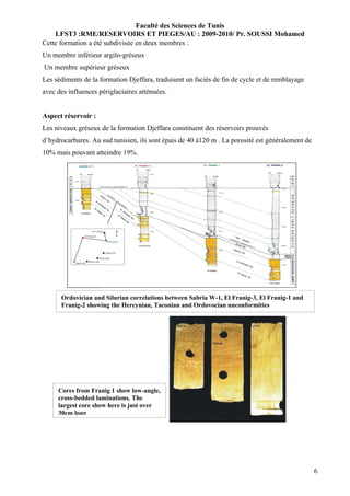 Faculté des Sciences de Tunis
    LFST3 :RME/RESERVOIRS ET PIEGES/AU : 2009-2010/ Pr. SOUSSI Mohamed
Cette formation a été subdivisée en deux membres :
Un membre inférieur argilo-gréseux
Un membre supérieur gréseux
Les sédiments de la formation Djeffara, traduisent un faciès de fin de cycle et de remblayage
avec des influences périglaciaires atténuées.


Aspect réservoir :
Les niveaux gréseux de la formation Djeffara constituent des réservoirs prouvés
d’hydrocarbures. Au sud tunisien, ils sont épais de 40 à120 m . La porosité est généralement de
10% mais pouvant atteindre 19%.




          Figure

      Ordovician and Silurian correlations between Sabria W-1, El Franig-3, El Franig-1 and
      Franig-2 showing the Hercynian, Taconian and Ordovocian unconformities




     Cores from Franig 1 show low-angle,
     cross-bedded laminations. The
     largest core show here is just over
     30cm long




                                                                                                  6
 