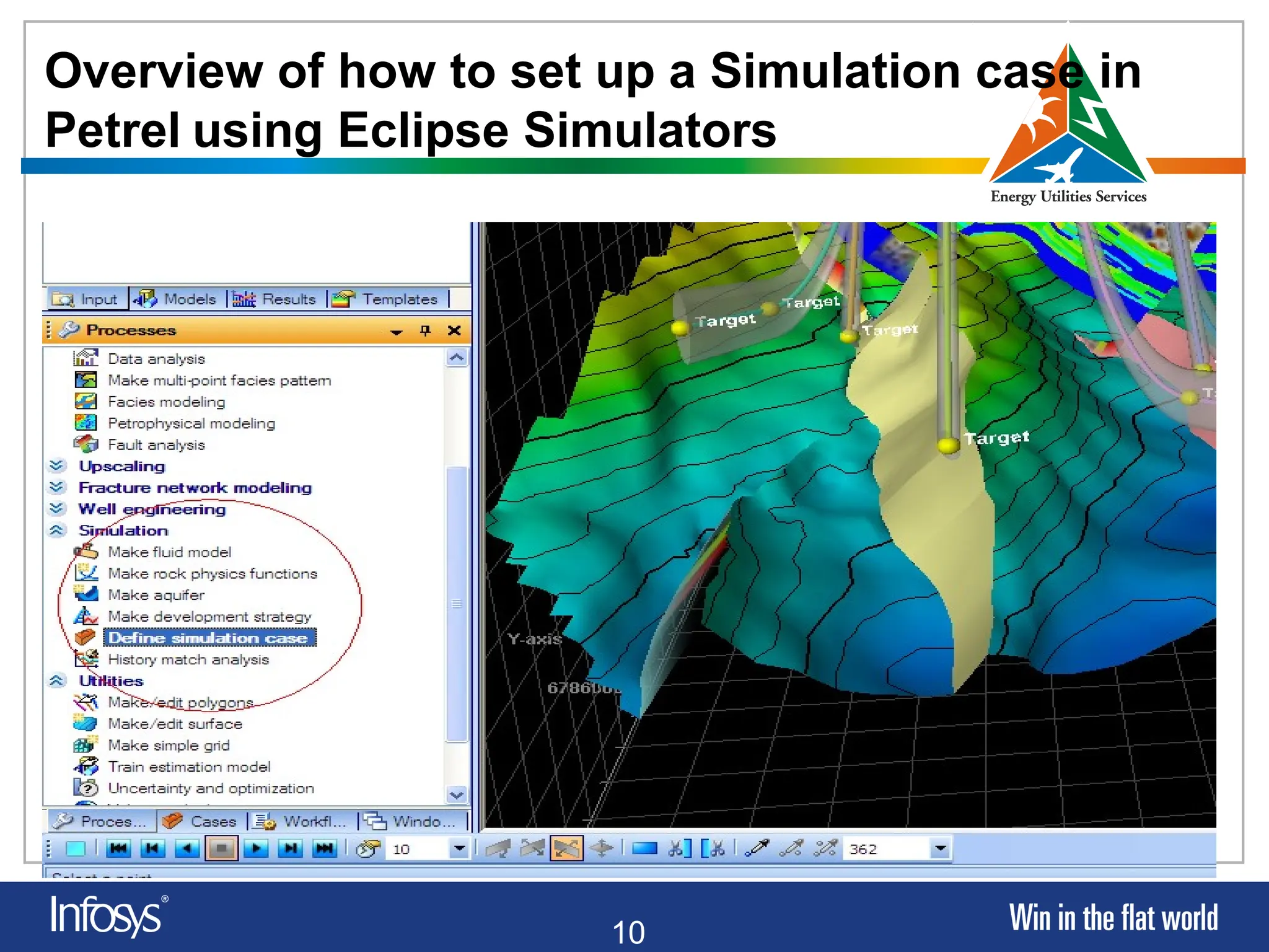 10
Overview of how to set up a Simulation case in
Petrel using Eclipse Simulators
1. Build a grid and populate it with properties.
2. (Optionally) scale up the structure and properties onto a coarser grid.
3. Define or import well paths.
4. Define or import well completion events.
5. (Optionally) import historical production rates.
6. (Optionally) define a well segmentation set.
7. Define a fluid model, describing the properties of the reservoir fluids at varying
pressures, volumes and temperatures (PVT) and the initial conditions (pressures and
contacts) in the reservoir.
8. Define a saturation function, describing the relative permeability and capillary pressure
of the fluids as a function of saturation.
9. Define a rock compaction function, describing how the rock expands and compresses
with changing pressure.
10. Define aquifers, describing the type, size and connections of the acting
11. Define a development strategy to control how the wells will produce and inject.
12. Define a simulation case, putting all the above data objects together.
13. Analyze and view the results using the Function window and the Results pane.
 
