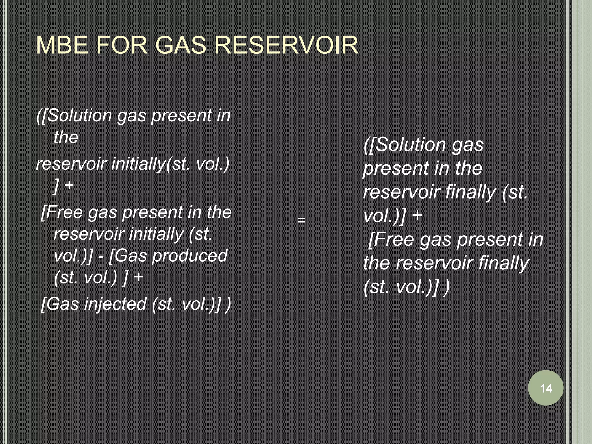 MBE FOR GAS RESERVOIR 
([Solution gas present in 
the 
reservoir initially(st. vol.) 
] + 
[Free gas present in the 
reservoir initially (st. 
vol.)] - [Gas produced 
(st. vol.) ] + 
[Gas injected (st. vol.)] ) 
([Solution gas 
present in the 
reservoir finally (st. 
vol.)] + 
[Free gas present in 
the reservoir finally 
(st. vol.)] ) 
= 
14 
 