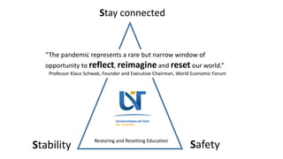 Stability Safety
Stay connected
Restoring and Resetting Education
“The pandemic represents a rare but narrow window of
opportunity to reflect, reimagine and reset our world.”
Professor Klaus Schwab, Founder and Executive Chairman, World Economic Forum
 