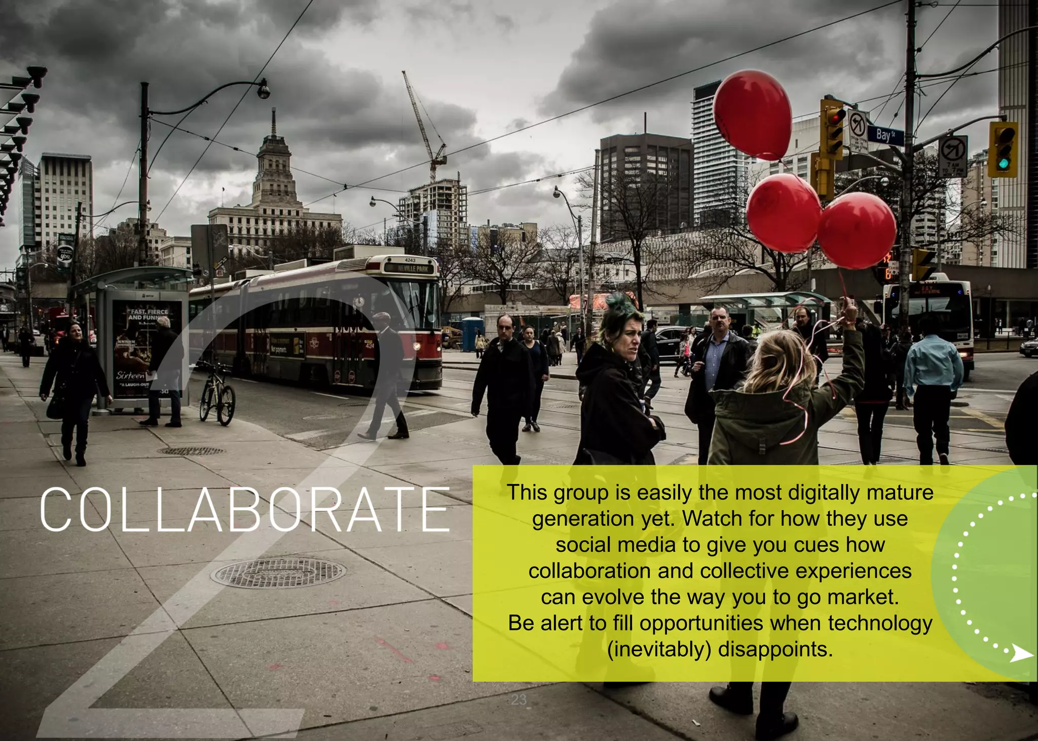 23 
This group is easily the most digitally mature generation yet. Watch for how they use social media to give you cues how collaboration and collective experiences can evolve the way you to go market. 
Be alert to fill opportunities when technology (inevitably) disappoints.  