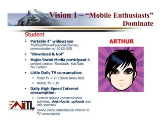 Vision 1 – “Mobile Enthusiasts”
                                               Dominate
Student
 Portable 4” widescreen
 TV/iPod/Phone/Facebook/Games,
                                            ARTHUR
 communicator w/ 80 GB SSD
 “Download & Go!”
 Major Social Media participant &
 content creator: Facebook, YouTube,
 No Twitter!
 Little Daily TV consumption:
     Fixed TV < 1h (Onion News Net)
     Mobile TV > 2h
 Daily High Speed Internet
 consumption:
     Centred around communication
     activities, downloads, uploads and
     info searches
     Online video consumption inferior to
     TV consumption
 