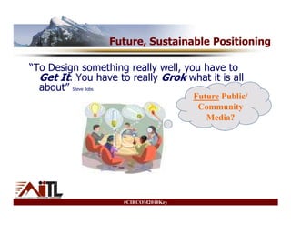 Future, Sustainable Positioning

“To Design something really well, you have to
  Get It. You have to really Grok what it is all
  about” Steve Jobs
                                      Future Public/
                                       Community
                                         Media?




                     #CIRCOM2010Key
 