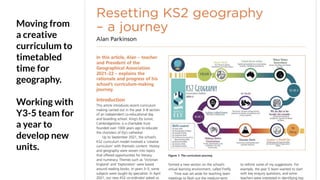 Moving from
a creative
curriculum to
timetabled
time for
geography.
Working with
Y3-5 team for
a year to
develop new
units.
 