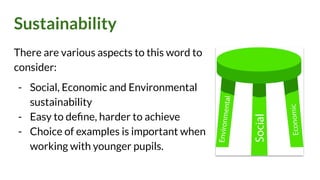 Sustainability
There are various aspects to this word to
consider:
- Social, Economic and Environmental
sustainability
- Easy to deﬁne, harder to achieve
- Choice of examples is important when
working with younger pupils.
 