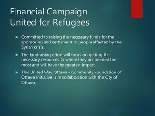 Financial Campaign
United for Refugees
 Committed to raising the necessary funds for the
sponsoring and settlement of people affected by the
Syrian crisis.
 The fundraising effort will focus on getting the
necessary resources to where they are needed the
most and will have the greatest impact.
 This United Way Ottawa - Community Foundation of
Ottawa initiative is in collaboration with the City of
Ottawa.
 