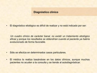 Diagnóstico clínico
• El diagnóstico etiológico es difícil de realizar y no está indicado por ser:
Un cuadro clínico de carácter banal, no existir un tratamiento etiológico
eficaz y porque los resultados se obtendrían cuando el paciente ya habría
evolucionado de forma favorable.
• Sólo se efectúa en determinados casos particulares.
• El médico lo realiza basándose en los datos clínicos, aunque muchos
pacientes no acuden a la consulta y se tiende al autodiagnósticar.
 