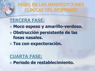 FASES EN LAS MANIFESTCIONES
         CLINICAS DEL RESFRIADO

TERCERA FASE:
 Moco espeso y amarillo-verdoso.
 Obstrucción persistente de las
  fosas nasales.
 Tos con expectoración.



CUARTA FASE:
   Periodo de restablecimiento.
 