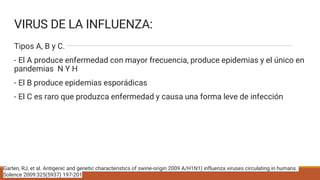 VIRUS DE LA INFLUENZA:
Tipos A, B y C.
- El A produce enfermedad con mayor frecuencia, produce epidemias y el único en
pandemias N Y H
- El B produce epidemias esporádicas
- El C es raro que produzca enfermedad y causa una forma leve de infección
Garten, RJ, et al. Antigenic and genetic characteristics of swine-origin 2009 A/H1N1) influenza viruses circulating in humans.
Solence 2009:325(5937) 197-201
 