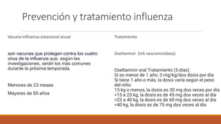 Prevención y tratamiento influenza
Vacuna influenza estacional anual
son vacunas que protegen contra los cuatro
virus de la influenza que, según las
investigaciones, serán los más comunes
durante la próxima temporada.
Menores de 23 meses
Mayores de 65 años
Tratamiento
Oseltamivir (inh neuraminidasa)
Oseltamivir oral Tratamiento (5 días)
Si es menor de 1 año: 3 mg/kg/dos dosis por día
Si tiene 1 año o más, la dosis varía según el peso
del niño:
15 kg o menos, la dosis es 30 mg dos veces por día
>15 a 23 kg, la dosis es de 45 mg dos veces al día
>23 a 40 kg, la dosis es de 60 mg dos veces al día
>40 kg, la dosis es de 75 mg dos veces al día
 