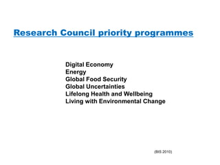 Research Council priority programmes


          Digital Economy
          Energy
          Global Food Security
          Global Uncertainties
          Lifelong Health and Wellbeing
          Living with Environmental Change




                                      (BIS 2010)
 