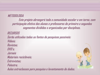 METODOLOGIA Este projeto abrangerá toda a comunidade escolar e em torno, com participação efetiva dos alunos e professores do primeiro e segundos segmentos divididos e organizados por disciplinas.   RECURSOS Serão utilizadas todas as fontes de pesquisas possíveis: Vídeos; Revistas; DVD’s; Jornais Materiais recicláveis; Entrevistas; Palestra; Aulas extraclasses para pesquisa e levantamento de dados. 