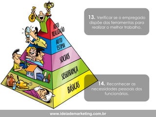 13. Verificar se o empregado
dispõe das ferramentas para
realizar o melhor trabalho.

14. Reconhecer as

necessidades pessoais dos
funcionários.

www.ideiademarketing.com.br

 
