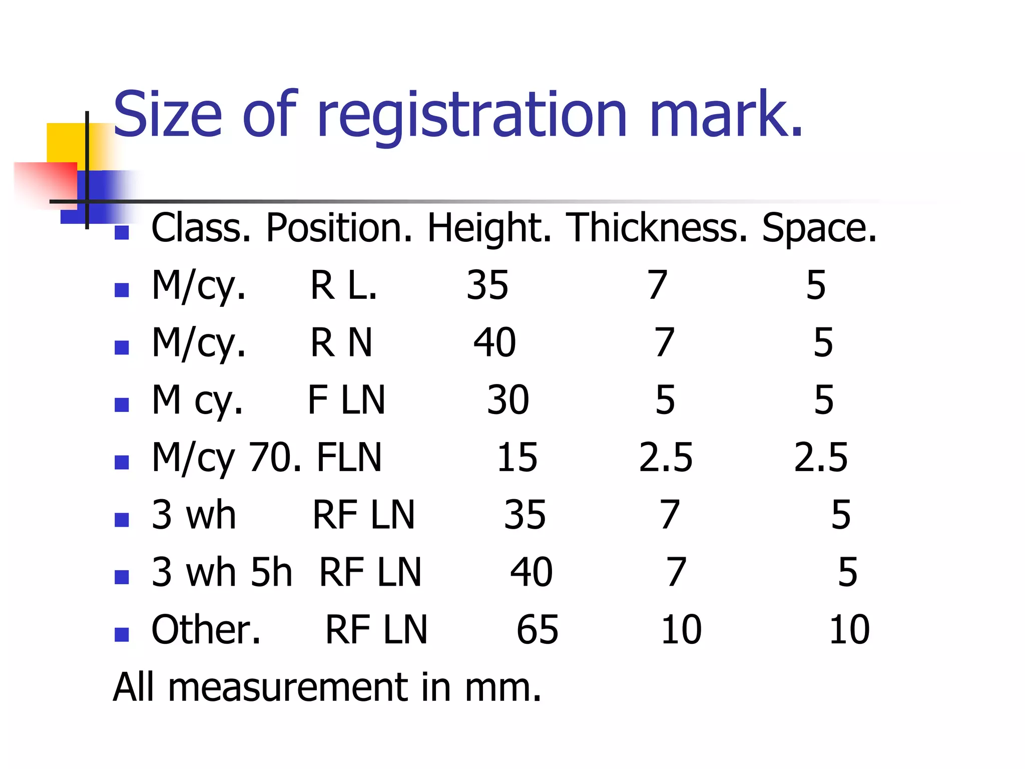 Size of registration mark.
 Class. Position. Height. Thickness. Space.
 M/cy. R L. 35 7 5
 M/cy. R N 40 7 5
 M cy. F LN 30 5 5
 M/cy 70. FLN 15 2.5 2.5
 3 wh RF LN 35 7 5
 3 wh 5h RF LN 40 7 5
 Other. RF LN 65 10 10
All measurement in mm.
 