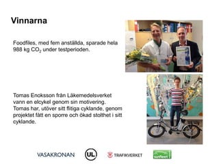 Vinnarna
Foodfiles, med fem anställda, sparade hela
988 kg CO2 under testperioden.

Tomas Enoksson från Läkemedelsverket
v...