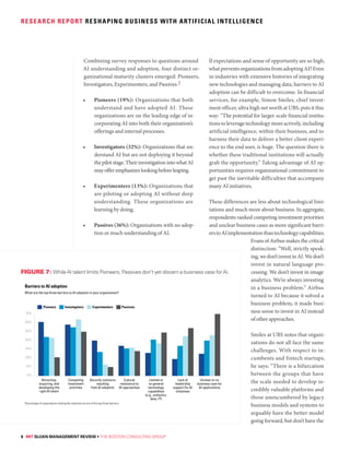 6 MIT SLOAN MANAGEMENT REVIEW • THE BOSTON CONSULTING GROUP
RESEARCH REPORT RESHAPING BUSINESS WITH ARTIFICIAL INTELLIGENCE
Combining survey responses to questions around
AI understanding and adoption, four distinct or-
ganizational maturity clusters emerged: Pioneers,
Investigators, Experimenters, and Passives.2
• Pioneers (19%): Organizations that both
understand and have adopted AI. These
organizations are on the leading edge of in-
corporating AI into both their organization’s
offerings and internal processes.
• Investigators (32%): Organizations that un-
derstand AI but are not deploying it beyond
thepilotstage.TheirinvestigationintowhatAI
mayofferemphasizeslookingbeforeleaping.
• Experimenters (13%): Organizations that
are piloting or adopting AI without deep
understanding. These organizations are
learning by doing.
• Passives (36%): Organizations with no adop-
tion or much understanding of AI.
If expectations and sense of opportunity are so high,
whatpreventsorganizationsfromadoptingAI?Even
in industries with extensive histories of integrating
new technologies and managing data, barriers to AI
adoption can be difficult to overcome. In financial
services, for example, Simon Smiles, chief invest-
ment officer, ultra high net worth at UBS, puts it this
way: “The potential for larger-scale financial institu-
tionstoleveragetechnologymoreactively,including
artificial intelligence, within their business, and to
harness their data to deliver a better client experi-
ence to the end user, is huge. The question there is
whether these traditional institutions will actually
grab the opportunity.” Taking advantage of AI op-
portunities requires organizational commitment to
get past the inevitable difficulties that accompany
many AI initiatives.
These differences are less about technological limi-
tations and much more about business. In aggregate,
respondents ranked competing investment priorities
and unclear business cases as more significant barri-
erstoAIimplementationthantechnologycapabilities.
Evans of Airbus makes the critical
distinction: “Well, strictly speak-
ing,wedon’tinvestinAI.Wedon’t
invest in natural language pro-
cessing. We don’t invest in image
analytics. We’re always investing
in a business problem.” Airbus
turned to AI because it solved a
business problem; it made busi-
ness sense to invest in AI instead
of other approaches.
Smiles at UBS notes that organi-
zations do not all face the same
challenges. With respect to in-
cumbents and fintech startups,
he says: “There is a bifurcation
between the groups that have
the scale needed to develop in-
credibly valuable platforms and
those unencumbered by legacy
business models and systems to
arguably have the better model
going forward, but don’t have the
Barriers to AI adoption
What are the top three barriers to AI adoption in your organization?
7
Percentage of respondents ranking the selection as one of the top three barriers
0%
10%
20%
30%
40%
50%
60%
70%
Unclear or no
business case for
AI applications
Lack of
leadership
support for AI
initiatives
Limited or
no general
technology
capabilities
(e.g., analytics,
data, IT)
Cultural
resistance to
AI approaches
Security concerns
resulting
from AI adoption
Competing
investment
priorities
Attracting,
acquiring, and
developing the
right AI talent
PassivesExperimentersInvestigatorsPioneers
FIGURE 7: While AI talent limits Pioneers, Passives don’t yet discern a business case for AI.
 