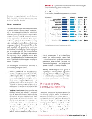 RESHAPING BUSINESS WITH ARTIFICIAL INTELLIGENCE • MIT SLOAN MANAGEMENT REVIEW 7
clients and accompanying data to capitalize fully on
the opportunity.” Differences like these lead to dif-
ferences in rates of AI adoption.
Barriers toAdoption
Theclustersoforganizationsdemonstratehowbarriers
to AI differ and affect rates of adoption. (See Figure 7,
page 6.) Pioneers have overcome issues related to un-
derstanding: three-quarters of these companies have
identified business cases for AI. Senior executives are
leading organizational AI initiatives. Their biggest
hurdles are grappling with the practicalities of develop-
ing or acquiring the requisite AI talent and addressing
competing priorities for AI investment. They are also
much more likely to be attuned to the security con-
cerns resulting from AI adoption. Passives, by contrast,
haveyettocometogripswithwhatAIcandoforthem.
They have not identified solid business cases that meet
their investment criteria. Leadership may not be on
board. Technology is a hurdle. Many are not yet even
aware of the difficulties in sourcing and deploying tal-
entwithAIexpertise.
Our clustering also reveals nuanced differences in
understanding among the clusters.
• Business potential: AI may change how orga-
nizations create business value. Pioneers (91%)
and Investigators (90%) are much more likely to
report that their organization recognizes how AI
affects business value than Experimenters (32%)
and Passives (23%). Evans at Airbus reports that
“there was no question of value; it was trying to
address an in-service issue on one of our aircraft.”
• Workplace implications: Integrating the capa-
bilities of humans and machines is a looming
issue. AI stands to change much of the daily work
environment. Pioneers and Investigators better
appreciate that the presence of machines in the
workplace will change behavior within the or-
ganization. Julie Shah, an associate professor of
aeronautics at MIT, says, “What people don’t talk
about is the integration problem. Even if you can
develop the system to do very focused, individual
tasks for what people are doing today, as long as
you can’t entirely remove the person from the pro-
cess, you have a new problem that arises — which
is coordinating the work of, or even communica-
tion between, people and these AI systems. And
that interaction problem is still a very difficult
problemforus,andit’scurrentlyunsolved.”
• Industry context: Organizations operate in
regulatory and industry contexts; respondents
from Experimenter and Passive organizations
do not feel that their organization appreciates
how AI may affect industry power dynamics.
Perhaps the most telling difference among the
four maturity clusters is in their understanding of
the critical interdependence between data and AI
algorithms. Compared to Passives, Pioneers are
12 times more likely to understand the process for
training algorithms, 10 times more likely to under-
stand the development costs of AI-based products
and services, and 8 times more likely to understand
the data that’s needed for training AI algorithms.
(See Figure 8.)
The Need for Data,
Training, and Algorithms
Levels of AI understanding
To what extent do you agree with the following statements about your organization?
8
Percentage of respondents who somewhat or strongly agree with each statement
Pioneers Investigators Experimenters Passives
91% 90% 32% 23%AI-related changed ways of
business value generation
85% 76% 19% 15%Development time of AI-based
products and services
81%81% 69% 11% 8%8%Development costs of AI-based
products and services
88% 82% 24% 15%Required technological
breakthroughs to succeed with AI
87%87% 78% 22% 11%11%Data required for AI
algorithm training
85%85% 69% 21% 7%7%Processes for AI
algorithm training
TECHNOLOGY
IMPLICATIONS
BUSINESS
IMPLICATIONS
83% 77% 18% 16%Effect of AI in the workplace on
organization's behavior
89% 84% 23% 19%Required changes of knowledge
and skills for future AI needs
WORKPLACE
IMPLICATIONS
89% 86% 26% 21%AI-related shift of industry
power dynamics
INDUSTRY
IMPLICATIONS
We understand…
FIGURE 8: Organizations have different levels of understanding for
AI-related technology and business context.
 