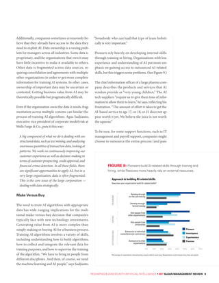 RESHAPING BUSINESS WITH ARTIFICIAL INTELLIGENCE • MIT SLOAN MANAGEMENT REVIEW 9
Additionally, companies sometimes erroneously be-
lieve that they already have access to the data they
need to exploit AI. Data ownership is a vexing prob-
lem for managers across all industries. Some data is
proprietary, and the organizations that own it may
have little incentive to make it available to others.
Other data is fragmented across data sources, re-
quiring consolidation and agreements with multiple
other organizations in order to get more complete
information for training AI systems. In other cases,
ownership of important data may be uncertain or
contested. Getting business value from AI may be
theoretically possible but pragmatically difficult.
Even if the organization owns the data it needs, frag-
mentation across multiple systems can hinder the
process of training AI algorithms. Agus Sudjianto,
executive vice president of corporate model risk at
Wells Fargo & Co., puts it this way:
A big component of what we do is dealing with un-
structureddata,suchastextmining,andanalyzing
enormousquantitiesoftransactiondata,lookingat
patterns. We work on continuously improving our
customer experience as well as decision-making in
termsofcustomerprospecting,creditapproval,and
financial crime detection. In all these fields, there
are significant opportunities to apply AI, but in a
very large organization, data is often fragmented.
This is the core issue of the large corporation —
dealingwithdatastrategically.
Make Versus Buy
The need to train AI algorithms with appropriate
data has wide-ranging implications for the tradi-
tional make-versus-buy decision that companies
typically face with new technology investments.
Generating value from AI is more complex than
simply making or buying AI for a business process.
Training AI algorithms involves a variety of skills,
including understanding how to build algorithms,
how to collect and integrate the relevant data for
training purposes, and how to supervise the training
of the algorithm. “We have to bring in people from
different disciplines. And then, of course, we need
the machine learning and AI people,” says Sudjianto.
“Somebody who can lead that type of team holisti-
cally is very important.”
Pioneers rely heavily on developing internal skills
through training or hiring. Organizations with less
experience and understanding of AI put more em-
phasis on gaining access to outsourced AI-related
skills,butthistriggerssomeproblems.(SeeFigure9.)
The chief information officer of a large pharma com-
pany describes the products and services that AI
vendors provide as “very young children.” The AI
tech suppliers “require us to give them tons of infor-
mation to allow them to learn,” he says, reflecting his
frustration. “The amount of effort it takes to get the
AI-based service to age 17, or 18, or 21 does not ap-
pear worth it yet. We believe the juice is not worth
the squeeze.”
To be sure, for some support functions, such as IT
management and payroll support, companies might
choose to outsource the entire process (and pass
FIGURE 9: Pioneers build AI-related skills through training and
hiring, while Passives more heavily rely on external resources.
Approach to building AI-related skills
How does your organization build AI-related skills?
0% 10% 20% 30% 40% 50% 60% 70%
Passives
Experimenters
Investigators
Pioneers
Outsource to other
organizations
Outsource to individual
consultants and contractors
Hire people from
universities
Hire people from
other organizations
Develop through
formal training
Develop through
on-the-job training
TRAININGHIRINGOUTSOURCING
9
Percentage of respondents indicating they acquire skills in each way. Respondents could choose more than one option.
TRAINING
 