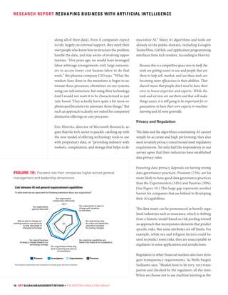 10 MIT SLOAN MANAGEMENT REVIEW • THE BOSTON CONSULTING GROUP
RESEARCH REPORT RESHAPING BUSINESS WITH ARTIFICIAL INTELLIGENCE
along all of their data). Even if companies expect
to rely largely on external support, they need their
own people who know how to structure the problem,
handle the data, and stay aware of evolving oppor-
tunities. “Five years ago, we would have leveraged
labor arbitrage arrangements with large outsourc-
ers to access lower cost human labor to do that
work,” the pharma company CIO says. “What the
vendors have done in the meantime is begin to au-
tomate those processes, oftentimes on our systems
using our infrastructure, but using their technology.
And I would not want it to be characterized as just
rule-based. They actually have quite a bit more so-
phisticated heuristics to automate those things.” But
such an approach is clearly not suited for companies’
distinctive offerings or core processes.
Eric Horvitz, director of Microsoft Research, ar-
gues that the tech sector is quickly catching up with
the new model of offering technology tools to use
with proprietary data, or “providing industry with
toolsets, computation, and storage that helps to de-
mocratize AI.” Many AI algorithms and tools are
already in the public domain, including Google’s
TensorFlow, GitHub, and application programming
interfaces from tech vendors. According to Horvitz:
Because this is a competitive space now in itself, the
tools are getting easier to use and people that are
there to help sell, market, and use these tools are
becoming more efficacious in their abilities. That
doesn’t mean that people don’t need to have their
own in-house expertise and experts. While the
tools and services are out there and that will make
things easier, it is still going to be important for or-
ganizations to have their own experts in machine
learningandAImoregenerally.
Privacy and Regulation
The data and the algorithms constituting AI cannot
simply be accurate and high performing; they also
need to satisfy privacy concerns and meet regulatory
requirements. Yet only half the respondents in our
survey agree that their industries have established
data privacy rules.
Ensuring data privacy depends on having strong
data governance practices. Pioneers (73%) are far
more likely to have good data governance practices
than the Experimenters (34%) and Passives (30%).
(See Figure 10.) This large gap represents another
barrier for companies that are behind in developing
their AI capabilities.
The data issues can be pronounced in heavily regu-
lated industries such as insurance, which is shifting
from a historic model based on risk pooling toward
an approach that incorporates elements that predict
specific risks. But some attributes are off limits. For
example, while sex and religion factors could be
used to predict some risks, they are unacceptable to
regulators in some applications and jurisdictions.
Regulators in other financial markets also have strin-
gent transparency requirements. As Wells Fargo’s
Sudjianto says: “Models have to be very, very trans-
parent and checked by the regulators all the time.
When we choose not to use machine learning as the
Link between AI and general organizational capabilities
To what extent do you agree with the following statements about your organization?
PassivesExperimentersInvestigatorsPioneers
Our organization
governs data well
We are able to change our
existing products and services
to take advantage of
changing technology
Our overall business
strategy is closely linked to our
technology strategy
Our organization thinks long
term in planning and returns
on investment
Our analytics capabilities are
better than those of our competitors
Our executives have
the vision and leadership
required to navigate
the coming changes
Our organization is open to
change and receptive
to new ideas
Our organization
collaborates effectively
10
Percentage of respondents who somewhat or strongly agree with each statement
0%
100%
FIGURE 10: Pioneers rate their companies higher across general
management and leadership dimensions.
 
