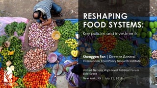 Shenggen Fan, July 2018
Shenggen Fan | Director General
International Food Policy Research Institute
New York, NY | July 11, 2018
RESHAPING
FOOD SYSTEMS:
Key policies and investments
United Nations High-level Political Forum
Side Event
 