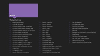 More… 
Refactorings 
 Adjust Namespaces 
 Change Signature 
 Convert Abstract Class to Interface 
 Convert Anonymous to Named Type 
 Convert Extension Method to Plain Static 
 Convert Indexer to Method 
 Convert Interface to Abstract Class 
 Convert Iterator to Method 
 Convert Method to Indexer 
 Convert Method to Property 
 Convert Property to Auto-Property 
 Convert Property to Method(S) 
 Convert Static to Extension Method 
 Copy Type 
 Encapsulate Field 
 Extract Class from Parameters 
 Extract Interface 
 Extract Method 
 Extract Superclass 
 Extract Class 
 Inline Class 
 Inline Field 
 Inline Method 
 Inline Variable 
 Inline Parameter 
 Introduce Field 
 Introduce Parameter 
 Introduce Variable 
 Make Method/Property Non-Static 
 Make Method/Property Static 
 Move Loading... 
 Move Types Into Matching Files 
 Pull Members up 
 Push Members down 
 Push/Pull Parameters 
 Remove Unused References 
 Rename 
 Replace Constructor with Factory Method 
 Safe Delete 
 Transform Out Parameters 
 Use Base Type Where Possible 
 Inplace Refactorings 
 Resolving Conflicts in Refactorings 
 