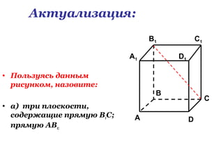 • Пользуясь данным
рисунком, назовите:
• а) три плоскости,
содержащие прямую В1С;
прямую АВ1;
C1
C
A1
B1
D1
A
B
D
Актуализация:
 