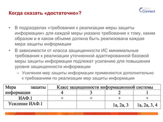 Когда сказать «достаточно»? 
• В подразделах «требования к реализации меры защиты 
информации» для каждой меры указано требование к тому, каким 
образом и в каком объеме должна быть реализована каждая 
мера защиты информации 
• В зависимости от класса защищенности ИС минимальные 
требования к реализации уточненной адаптированной базовой 
меры защиты информации подлежат усилению для повышения 
уровня защищенности информации 
– Усиления мер защиты информации применяются дополнительно 
к требованиям по реализации мер защиты информации 
 