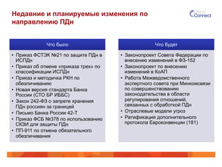 Недавние и планируемые изменения по 
направлению ПДн 
Что было 
• Приказ ФСТЭК №21 по защите ПДн в 
ИСПДн 
• Приказ об отмене «приказа трех» по 
классификации ИСПДн 
• Приказ и методичка РКН по 
обезличиванию 
• Новая версия стандарта Банка 
России (СТО БР ИББС) 
• Закон 242-ФЗ о запрете хранения 
ПДн россиян за границей 
• Письмо Банка России 42-Т 
• Приказ ФСБ №378 по использованию 
СКЗИ для защиты ПДн 
• ПП-911 по отмене обязательного 
обезличивания 
Что будет 
• Законопроект Совета Федерации по 
внесению изменений в ФЗ-152 
• Законопроект по внесению 
изменений в КоАП 
• Работа Межведомственного 
экспертного совета при Минкомсвязи 
по совершенствованию 
законодательства в области 
регулирования отношений, 
связанных с обработкой ПДн 
• Отраслевые модели угроз 
• Ратификация дополнительного 
протокола Евроконвенции (181) 
 