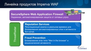 SecureSphere Web Application Firewall 
Надежная, автоматизированная защита от сетевых угроз 
Reputation Services 
Репутационный анализ в реальном времени для блокирования автоматизированных атак и активности бот-сетей. 
Fraud Prevention 
Блокирование атак типа “Men in the browser“ и мошеннической активности 
ThreatRadar 
Линейка продуктов ImpervaWAF  
