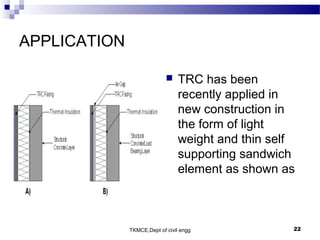 TKMCE,Dept of civil engg 22
APPLICATION
 TRC has been
recently applied in
new construction in
the form of light
weight and thin self
supporting sandwich
element as shown as
 