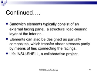 TKMCE,Dept of civil engg 23
Continued….
 Sandwich elements typically consist of an
external facing panel, a structural load-bearing
layer at the interior.
 Elements can also be designed as partially
composites, which transfer shear stresses partly
by means of ties connecting the facings.
 Life INSU-SHELL, a collaborative project.
 