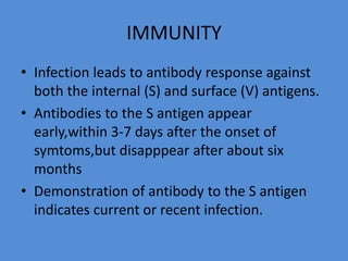 IMMUNITY
• Infection leads to antibody response against
both the internal (S) and surface (V) antigens.
• Antibodies to the S antigen appear
early,within 3-7 days after the onset of
symtoms,but disapppear after about six
months
• Demonstration of antibody to the S antigen
indicates current or recent infection.
 
