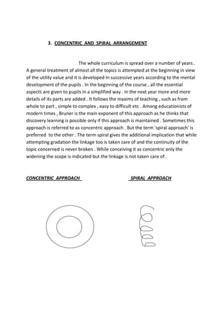 3. CONCENTRIC AND SPIRAL ARRANGEMENT
The whole curriculum is spread over a number of years .
A general treatment of almost all the topics is attempted at the beginning in view
of the utility value and it is developed in successive years according to the mental
development of the pupils . In the beginning of the course , all the essential
aspects are given to pupils in a simplified way . In the next year more and more
details of its parts are added . It follows the maxims of teaching , such as from
whole to part , simple to complex , easy to difficult etc . Among educationists of
modern times , Bruner is the main exponent of this approach as he thinks that
discovery learning is possible only if this approach is maintained . Sometimes this
approach is referred to as concentric approach . But the term 'spiral approach' is
preferred to the other . The term spiral gives the additional implication that while
attempting gradation the linkage too is taken care of and the continuity of the
topic concerned is never broken . While conceiving it as concentric only the
widening the scope is indicated but the linkage is not taken care of .
CONCENTRIC APPROACH SPIRAL APPROACH
 