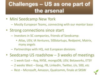 Challenges – US as one part of
          the arsenal
• Mini Seedcamp New York
  – Mostly European Teams, connecting with o...