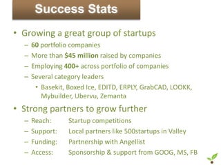 Success Stats
• Growing a great group of startups
  –   60 portfolio companies
  –   More than $45 million raised by compa...