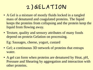 2)GELATION
● A Gel is a mixture of mostly fluids locked in a tangled
mass of denatured and coagulated proteins. The liquid
keeps the proteins from collapsing and the protein keep the
liquid from flowing away.
● Texture, quality and sensory attributes of many foods
depend on protein Gelation on processing.
Eg: Sausages, cheese, yogurt, custard
● Gel; a continuous 3D network of proteins that entraps
water.
● A gel can form when proteins are denatured by Heat, pH,
Pressure and Shearing by aggregation and interaction with
other proteins.
 