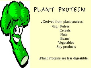 PLANT PROTEIN
.Derived from plant sources.
➔Eg: Pulses
Cereals
Nuts
Beans
Vegetables
Soy products
.Plant Proteins are less digestible.
 