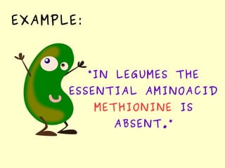 EXAMPLE:
“IN LEGUMES THE
ESSENTIAL AMINOACID
METHIONINE IS
ABSENT.”
 