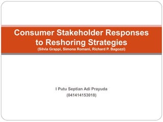 I Putu Septian Adi Prayuda
(041414153018)
Consumer Stakeholder Responses
to Reshoring Strategies
(Silvia Grappi, Simona Romani, Richard P. Bagozzi)
 