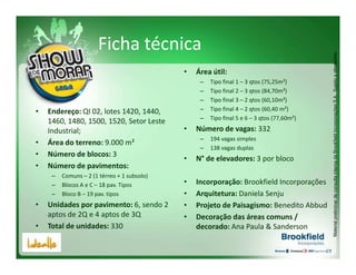 Ficha técnica




                                                                                            Material preliminar de consulta interna da Brookfield Incorporações S.A.. Sujeito a alterações.
                                             •   Área útil:
                                                  –   Tipo final 1 – 3 qtos (75,25m²)
                                                  –   Tipo final 2 – 3 qtos (84,70m²)
                                                  –   Tipo final 3 – 2 qtos (60,10m²)
•   Endereço: QI 02, lotes 1420, 1440,            –   Tipo final 4 – 2 qtos (60,40 m²)
                                                  –   Tipo final 5 e 6 – 3 qtos (77,60m²)
    1460, 1480, 1500, 1520, Setor Leste
    Industrial;                              •   Número de vagas: 332
                                                  –   194 vagas simples
•   Área do terreno: 9.000 m²
                                                  –   138 vagas duplas
•   Número de blocos: 3
                                             •   N° de elevadores: 3 por bloco
•   Número de pavimentos:
     –   Comuns – 2 (1 térreo + 1 subsolo)
     –   Blocos A e C – 18 pav. Tipos        •   Incorporação: Brookfield Incorporações
     –   Bloco B – 19 pav. tipos             •   Arquitetura: Daniela Senju
•   Unidades por pavimento: 6, sendo 2       •   Projeto de Paisagismo: Benedito Abbud
    aptos de 2Q e 4 aptos de 3Q              •   Decoração das áreas comuns /
•   Total de unidades: 330                       decorado: Ana Paula & Sanderson
 