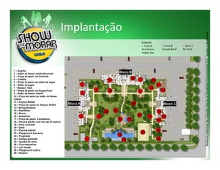 Implantação




                                                                                                                                                           Material preliminar de consulta interna da Brookfield Incorporações S.A.. Sujeito a alterações.
                                                                                                             Subsolo
                                                                                                             – Torre A           – Torre B     – Torre C
                                                                                                             Bicicletário        Garage Band   Pet Care
                                                                                                             Hobby Box




1 – Guarita
2 – Salão de festas adulto/Gourmet
                                                                                    Bloco B
3 – Praça de apoio ao Gourmet
4 – Cinema                                                                                     27       7
5 – Praça de apoio ao salão de jogos
                                                                           9                                           28
6 – Salão de jogos                                    4                                                                     11
7 – Espaço Teen                                                                                                     12
8 – Praça de apoio ao EspaçoTeen                              5        10                               8                        13
9 – Salão de festas infantil                          6
10 – Praça de apoio ao salão de festas
infantil
11 – Espaço Bebês
12 – Praça de apoio ao Espaço Bebês         Bloco A                                                29                             Bloco C
13 – Brinquedoteca
14 – Spa/Relax
                                                                      22       23                                           14
15 – Sauna
16 – Academia                                     2               3                                     24        17             15
17 – Praça de apoio à academia                                                      20        21                            16
18 – Piscina adulto com raia de 25 metros
19 – Deck molhado
20 – Deck
21 – Piscina infantil                                                                                                       26
22 – Playground Aventura                                                                                 25
23 – Pergolado                                                                      18
24 – Campo gramado                                        1                              19                                 26
25 – Quadra de areia
26 – Churrasqueiras
27 – Lan house
28 – Playground Lúdico
29 – Redário
 