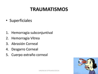 TRAUMATISMOS
• Superficiales
1.
2.
3.
4.
5.

Hemorragia subconjuntival
Hemorragia Vítrea
Abrasión Corneal
Desgarro Corneal
Cuerpo extraño corneal

URGENCIAS OFTALMOLOGICAS

 